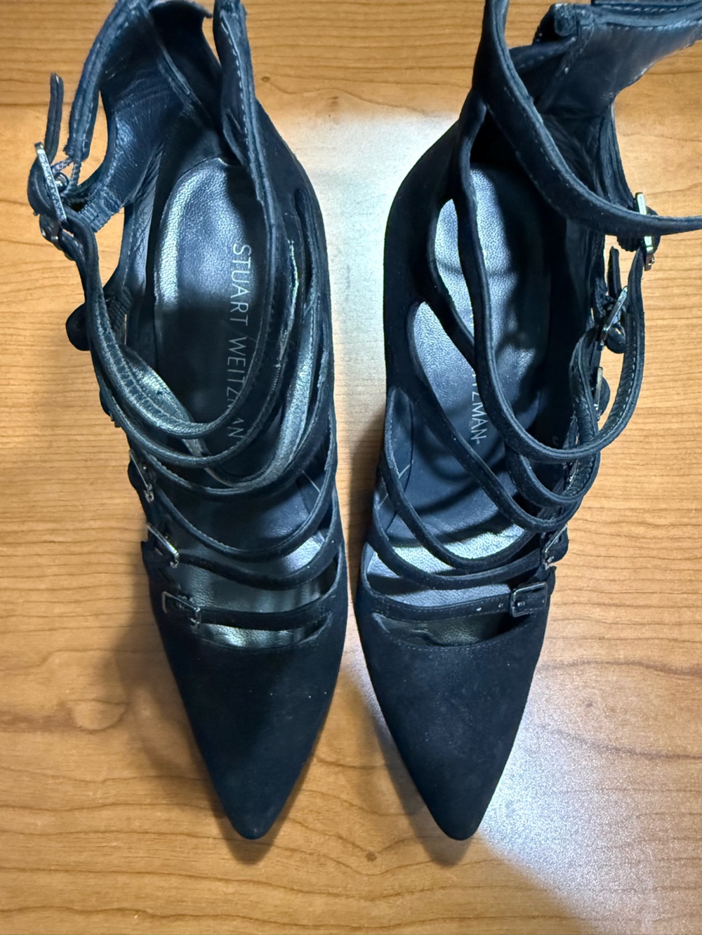 Stuart Weitzman Black Multi-Strap Pointed-Toe Heels